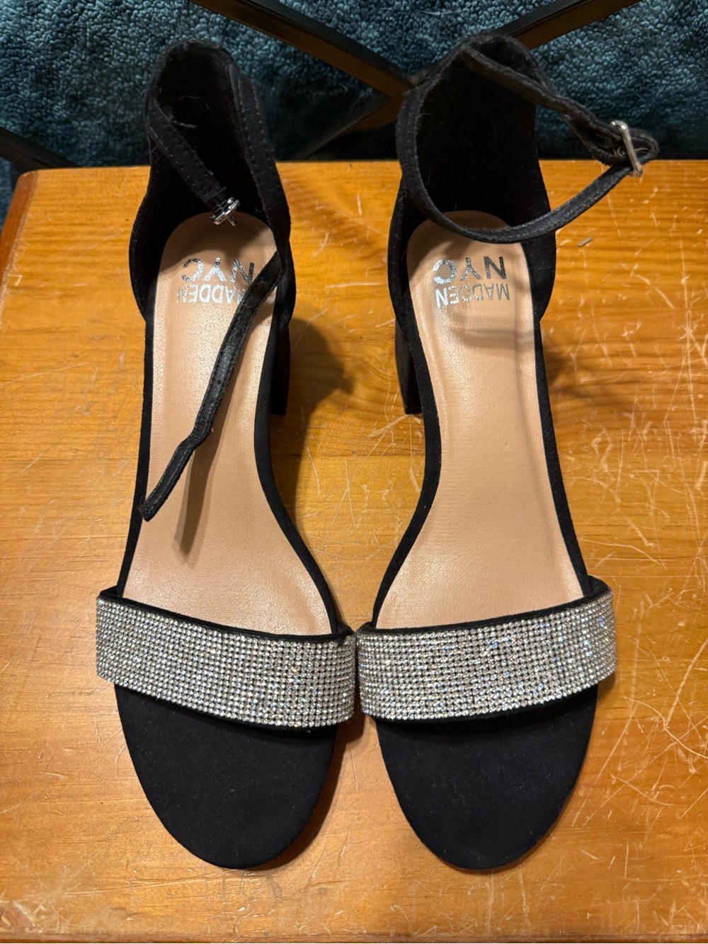 Madden NYC Black Rhinestone Ankle-Strap Block Heel Sandals